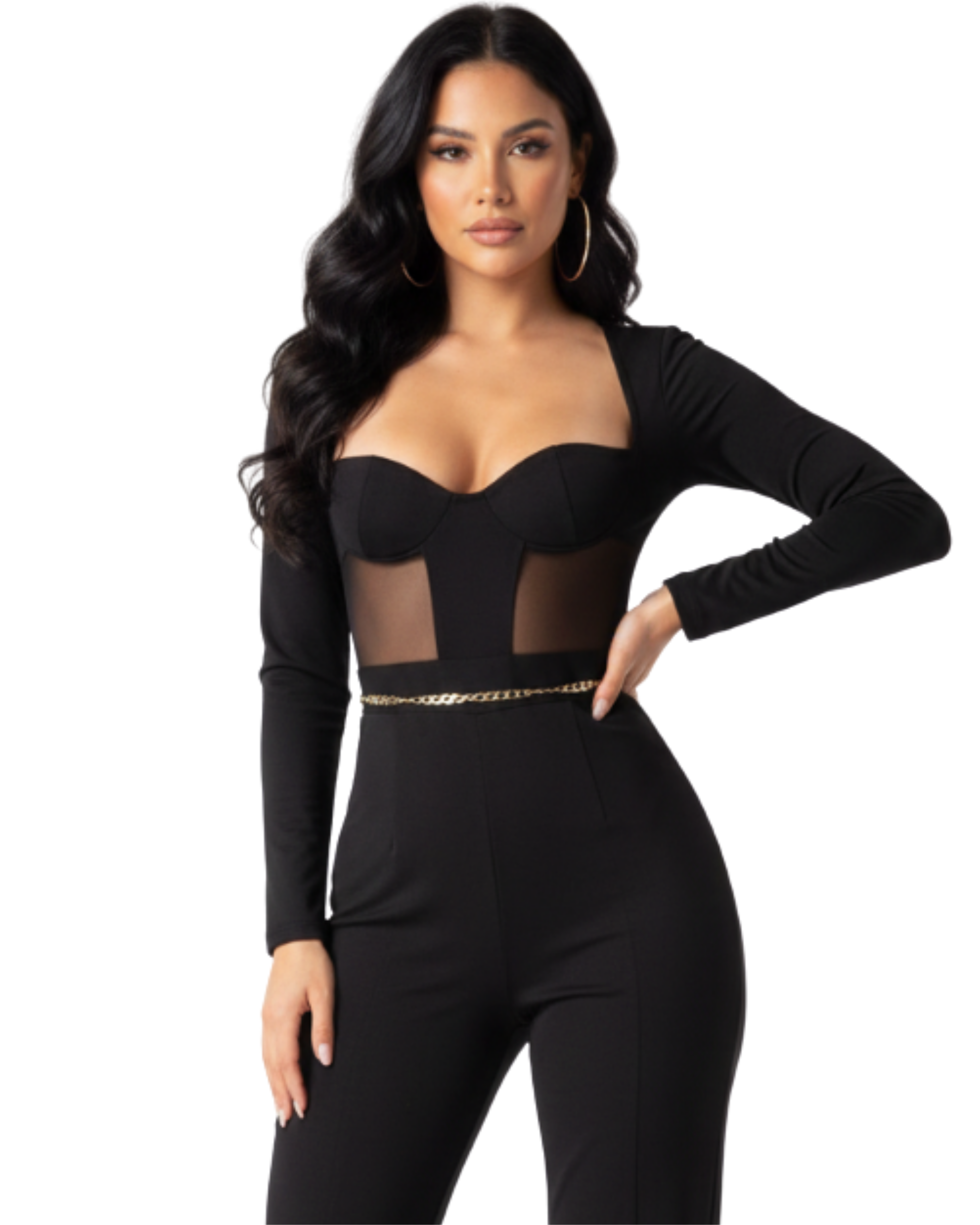 Salopetă lungă, dintr-o singură piesă, cu design tip bodycon (mulat), care combină eleganța unui corset cu croiala modernă a pantalonilor